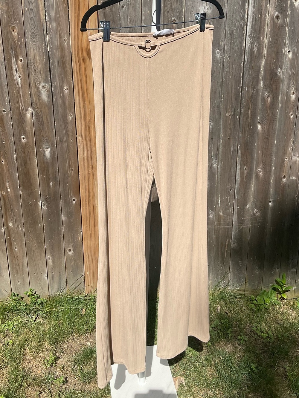 Elodie Beige Ribbed Flare Pants